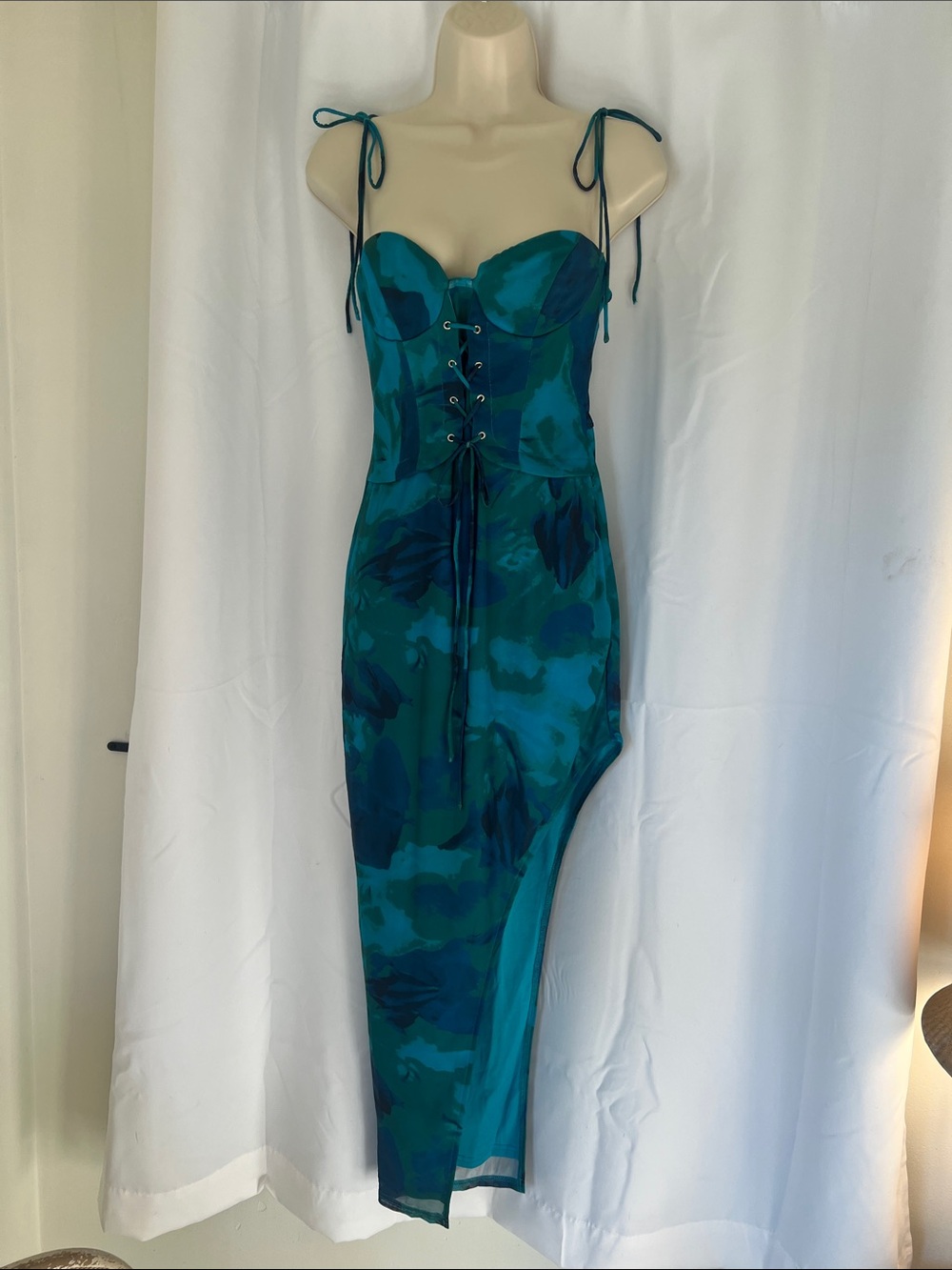 Saints and Secrets Teal Floral Lace-Up Midi Dress with Tie Straps